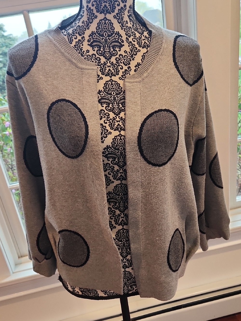 Open-Front Gray Polka Dot Cardigan Sweater